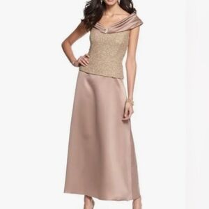 PATRA Size 14 Latte Brown Satin Portrait Collar Beaded Bodice Chiffon Maxi Gown